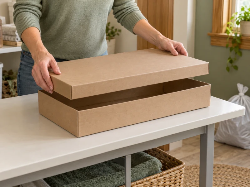 A person closes a plain disposable tray before carrying it for disposal.