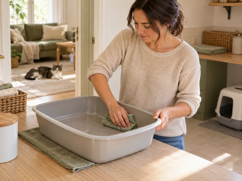 An adult wipes an empty plain litter tray with a soft cloth.