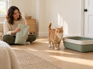 A person prepares a plain litter tray while a cat waits at a distance.
