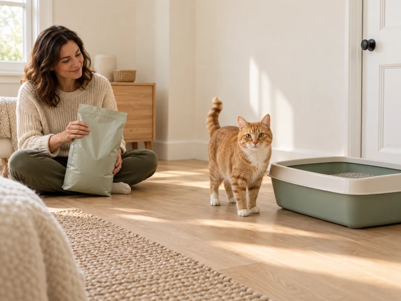 A person prepares a plain litter tray while a cat waits at a distance.