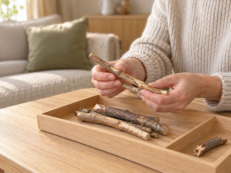 An adult checks plain loose wood sticks before offering them.
