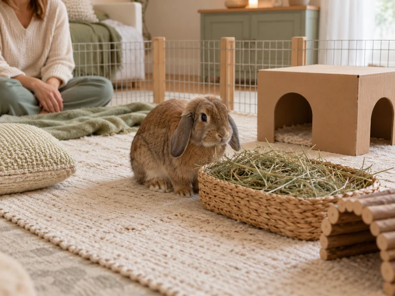 A rabbit sits near abundant hay with room to move around a plain hide.