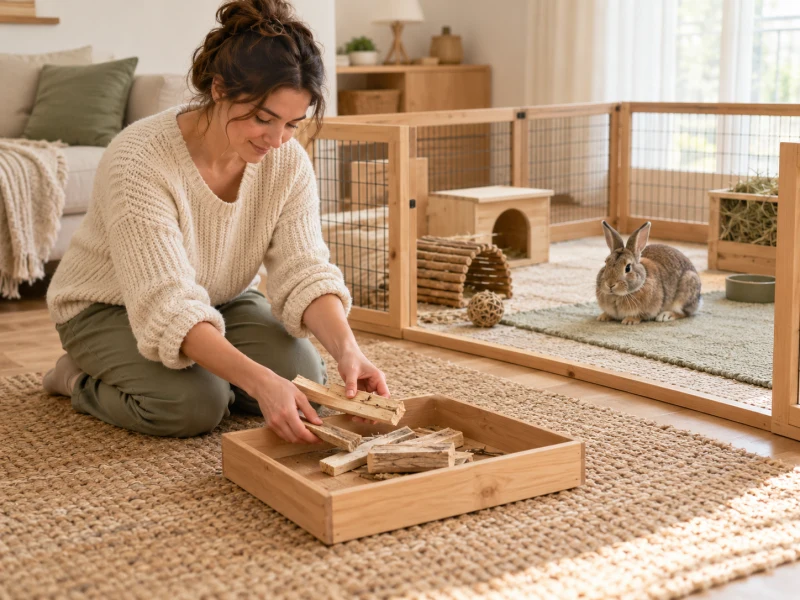 An adult tidies a roomy rabbit area while the rabbit rests separately.