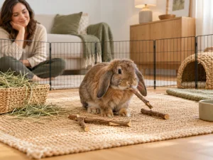 Rabbit chew toys made from loose plain wood sticks lie beside a rabbit in a roomy pen.
