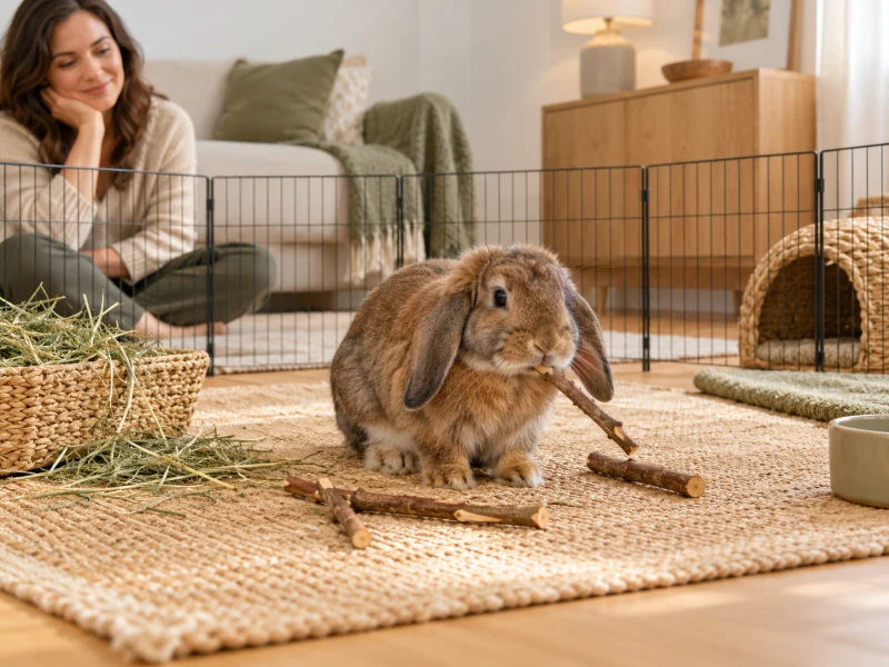 Rabbit chew toys made from loose plain wood sticks lie beside a rabbit in a roomy pen.