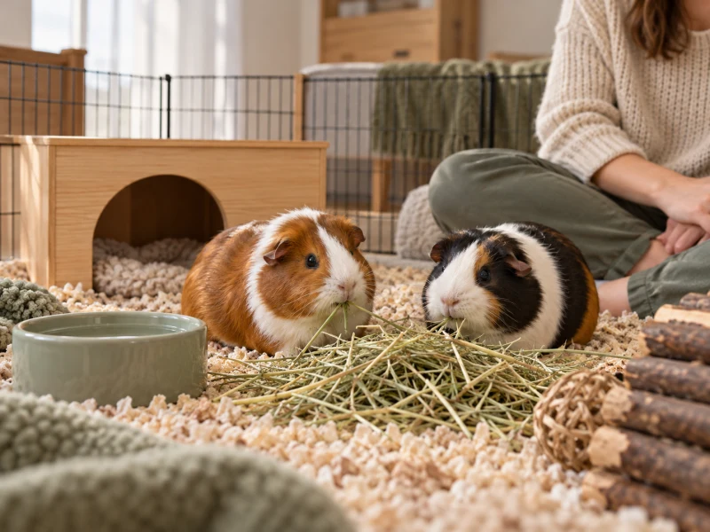 Two guinea pigs rest in a roomy temporary pen with hay and hides.