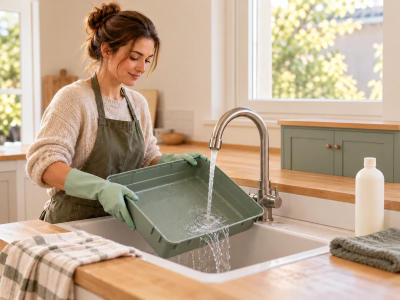 An adult rinses an empty plain habitat tray over a utility sink.