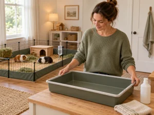 An adult prepares a cage cleaner for guinea pigs beside an empty tray while the animals remain in a separate pen.