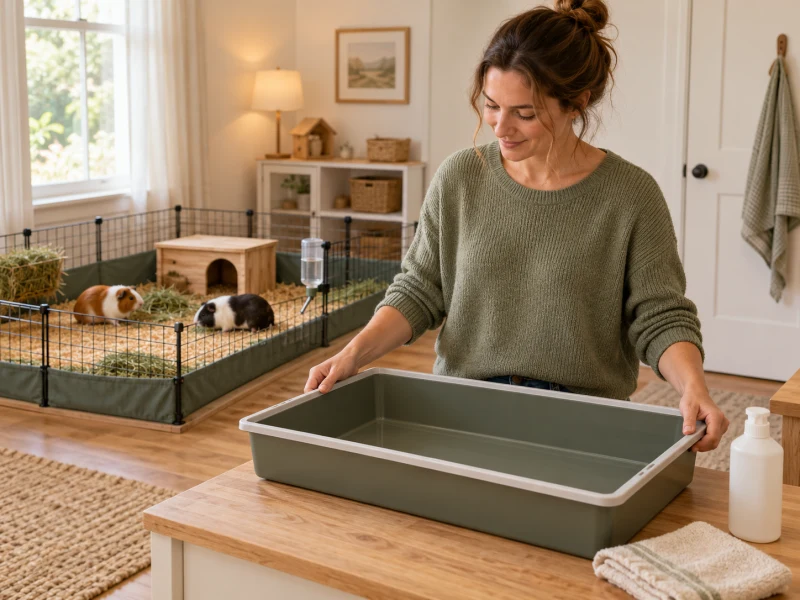An adult prepares a cage cleaner for guinea pigs beside an empty tray while the animals remain in a separate pen.