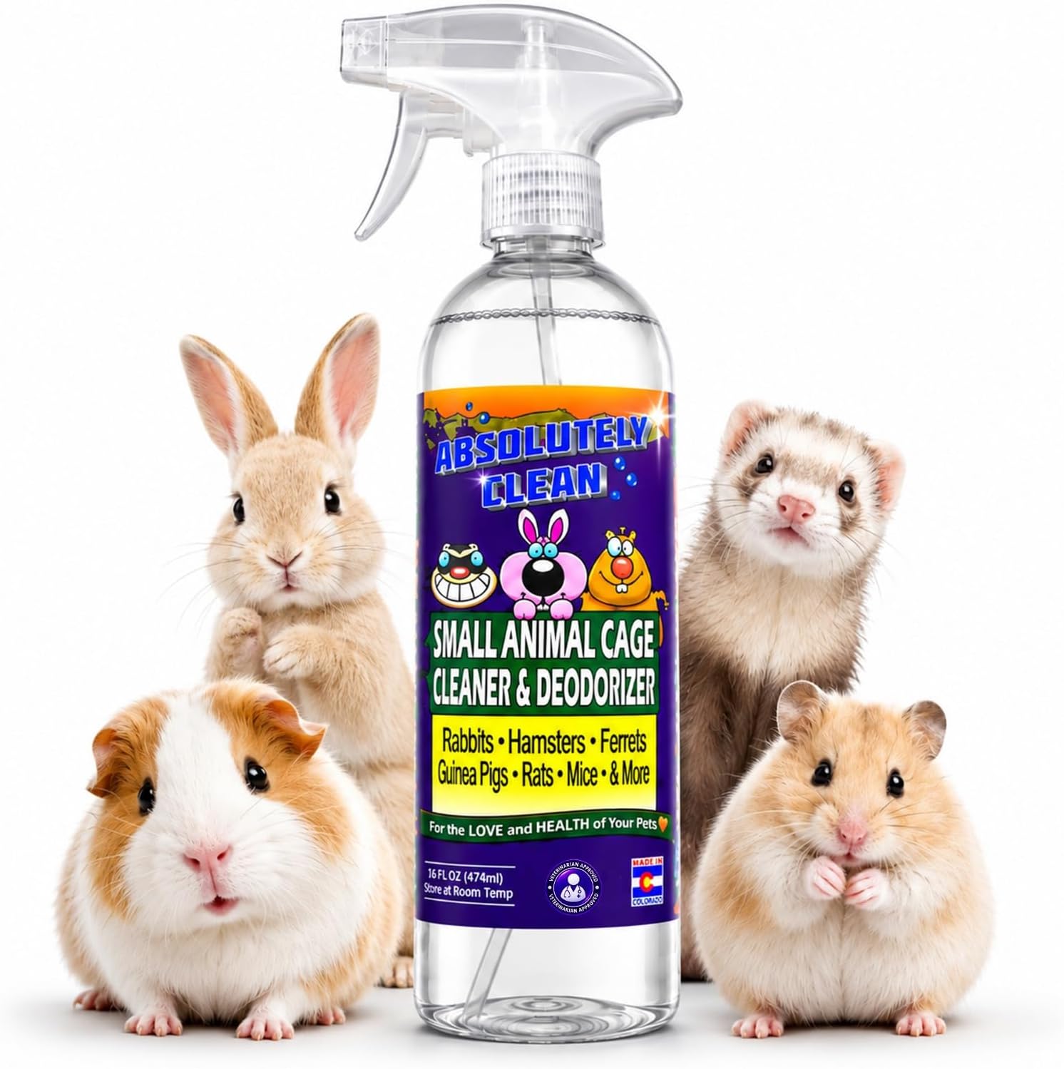 Original retailer composite of a 16 fl oz Absolutely Clean Small Animal Cage Cleaner bottle and several small animals.