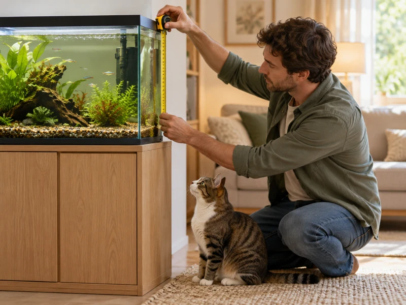 An adult checks available aquarium space from outside the glass.