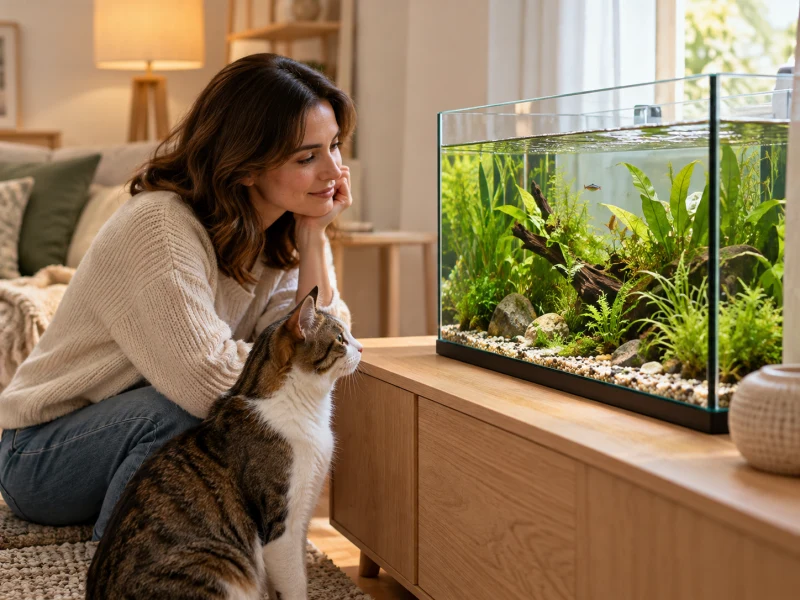 A person watches gentle movement at an aquarium’s water surface.