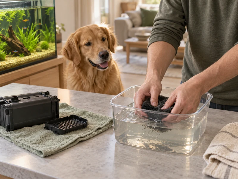 An adult gently rinses a separate plain filter sponge in aquarium water.