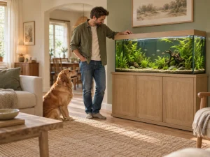 A person observes a planted freshwater aquarium from outside the glass.