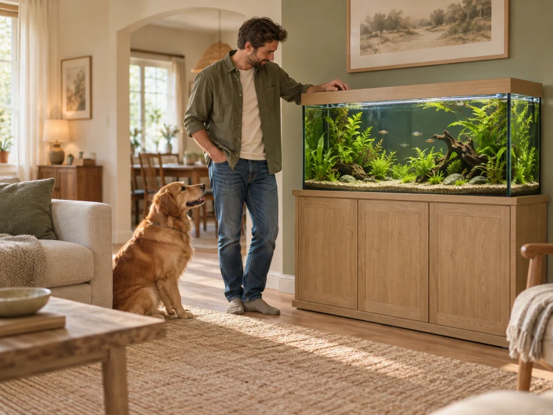 A person observes a planted freshwater aquarium from outside the glass.