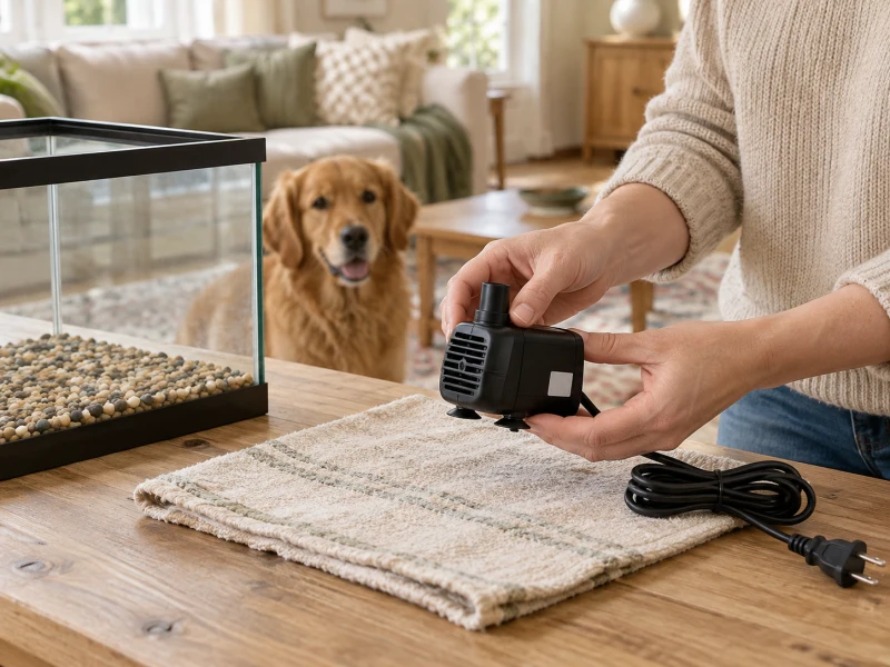 An adult examines a small disconnected pump on a dry towel.
