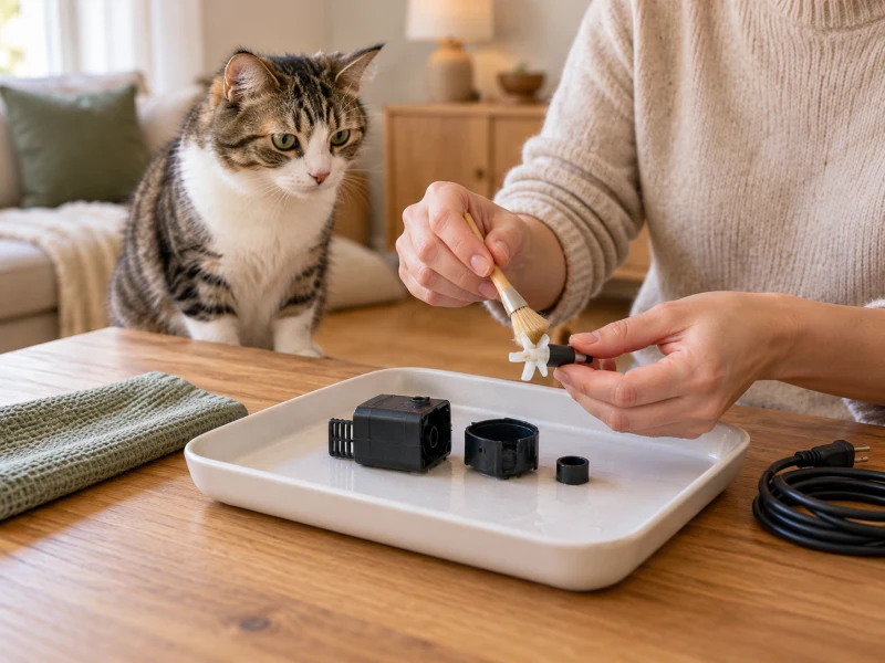 An adult cleans a separate small plastic impeller with a soft brush.