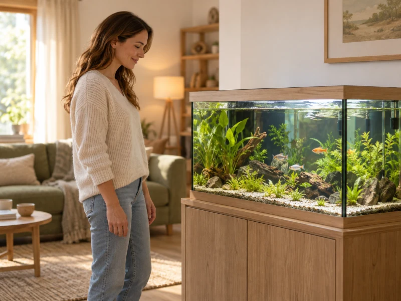A person observes water movement from outside a small aquarium.