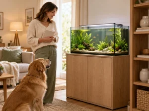 A person checks a small aquarium and its separate instruction booklet.