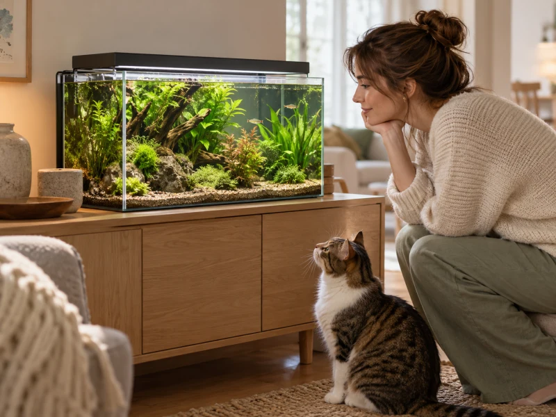 A person observes natural plants beneath a plain aquarium light.