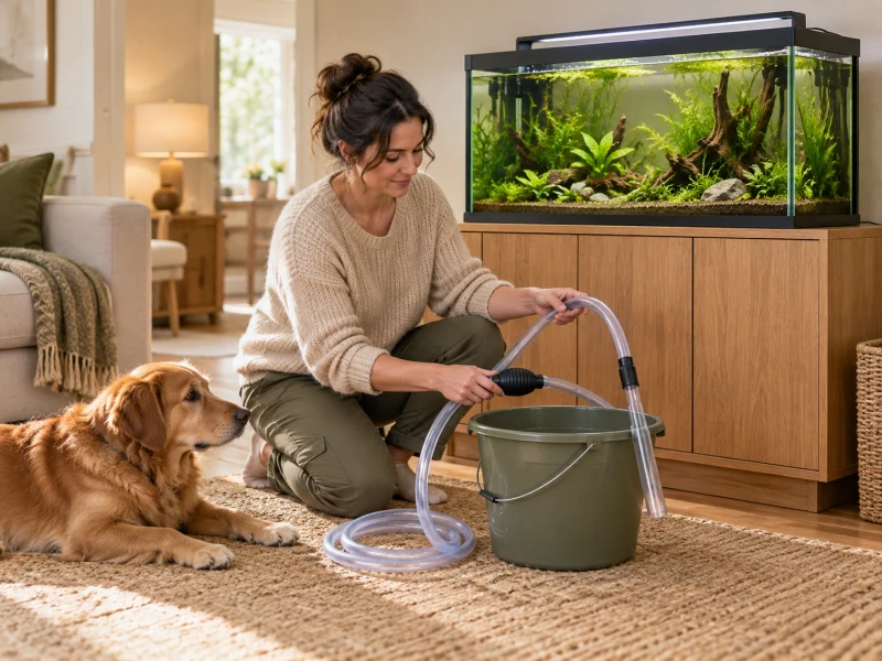 An adult prepares a clean bucket and siphon beside an aquarium.