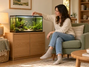 A person considers a compact planted aquarium on a sturdy cabinet.