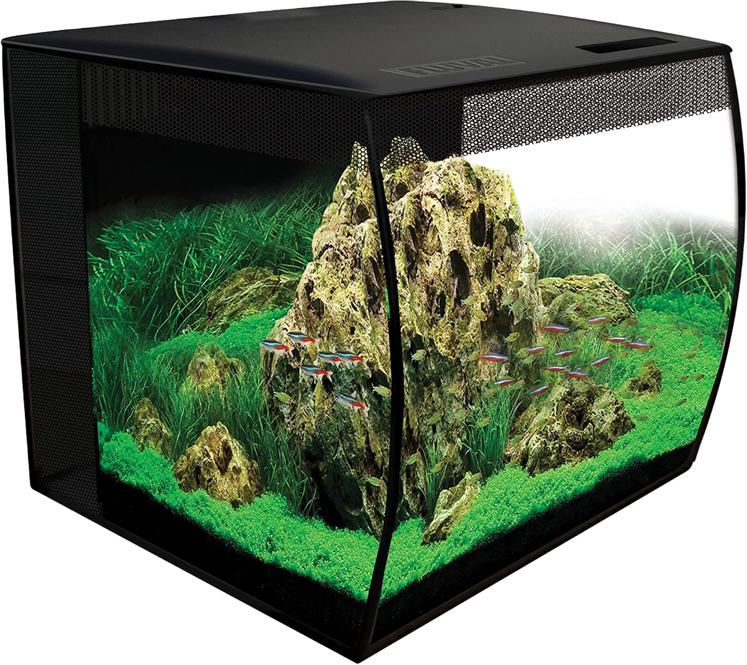 Original retailer photograph of the black original Fluval Flex 15 aquarium shown with a staged aquascape.
