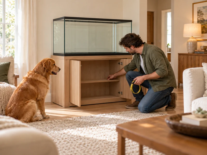 An adult checks the clear floor area beside a sturdy aquarium cabinet.