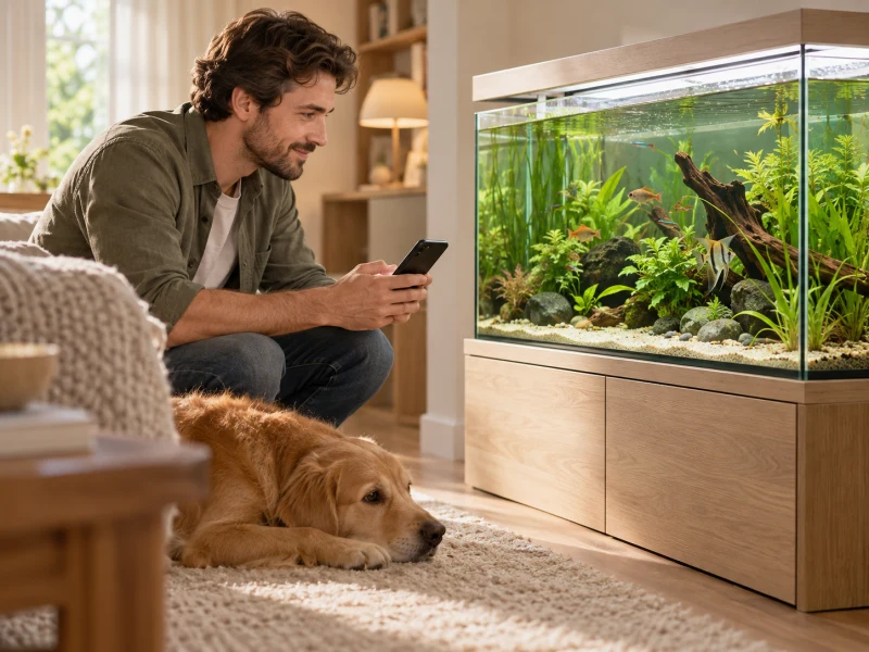 A person holds a phone with its screen facing away beside a planted aquarium.