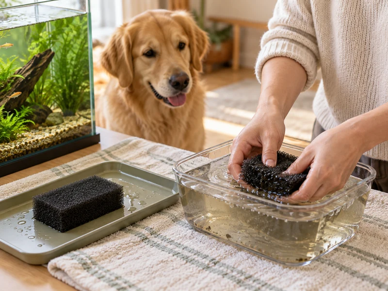 An adult rinses one separate filter sponge in a container of aquarium water.