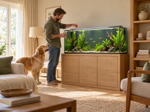 A person views a wider planted aquarium on a full-support cabinet.