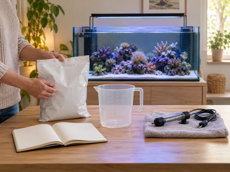 An adult lays out separate aquarium supplies on a dry work surface.