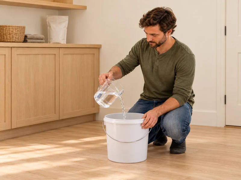 A person prepares water in a dedicated container away from the aquarium.