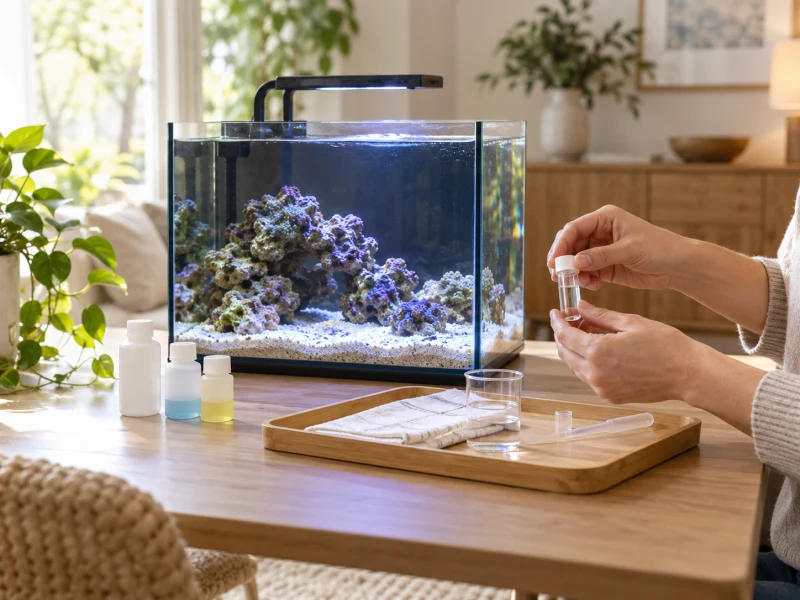 An adult prepares a small water sample beside a marine aquarium.