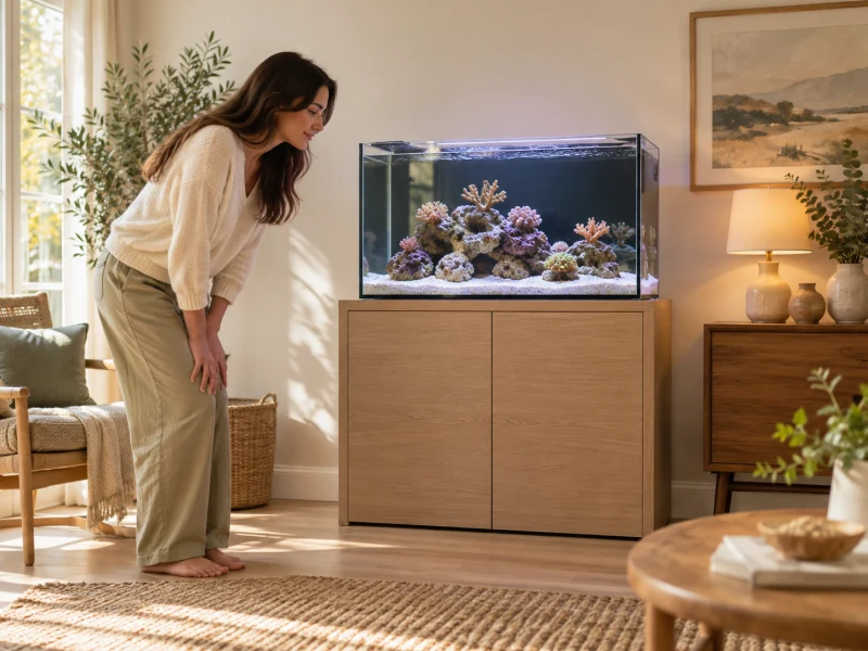 A person considers a modest saltwater aquarium on a sturdy cabinet.