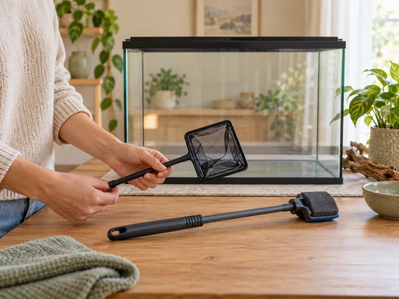 An adult compares a small net and an aquarium cleaning tool on a dry surface.