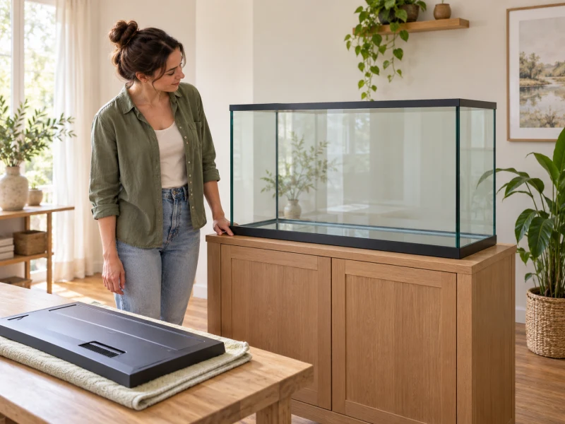 A person checks clear working space beside an empty aquarium.