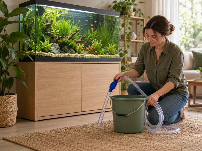 An adult prepares a clean bucket and tools before aquarium maintenance.