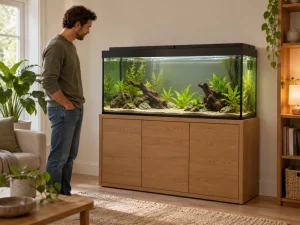 A person assesses access around a tall aquarium on a stable cabinet.