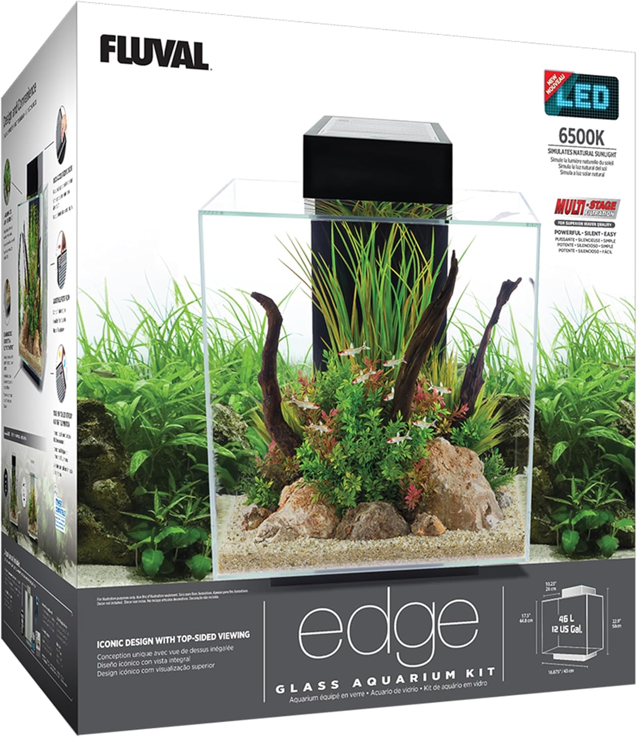 Original retailer photograph of the black Fluval Edge 12 gallon aquarium package marked 6500 K.