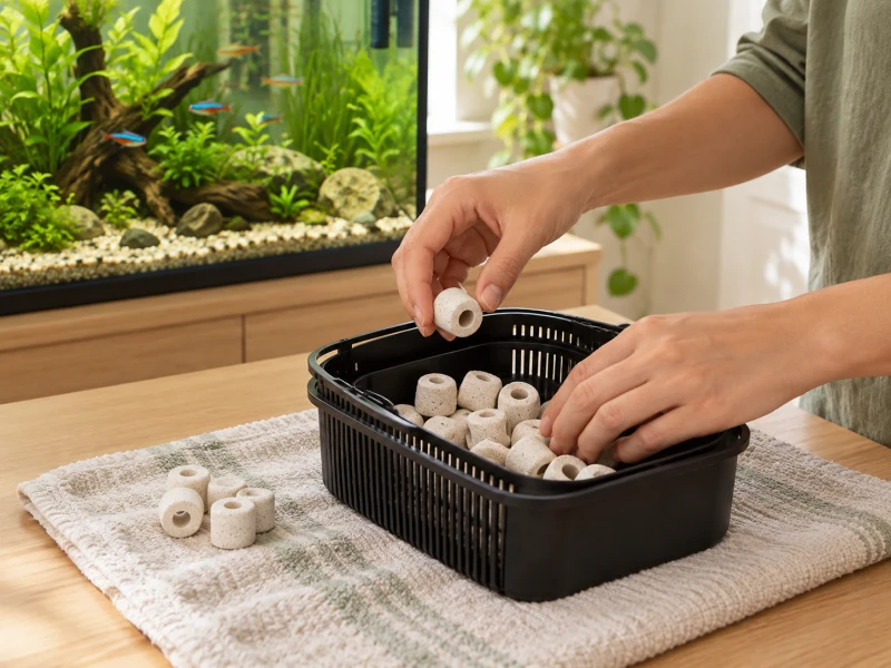 An adult places generic clean ceramic rings into a removable filter basket.