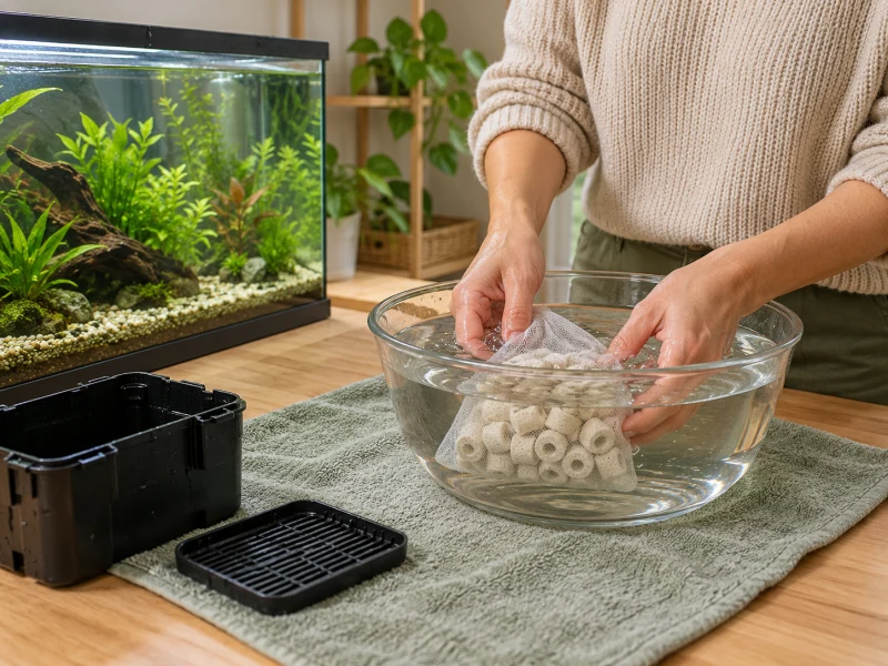 An adult gently rinses ceramic filter media in a separate container of aquarium water.