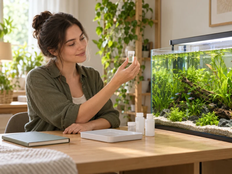 An adult examines a clear water sample beside an aquarium.