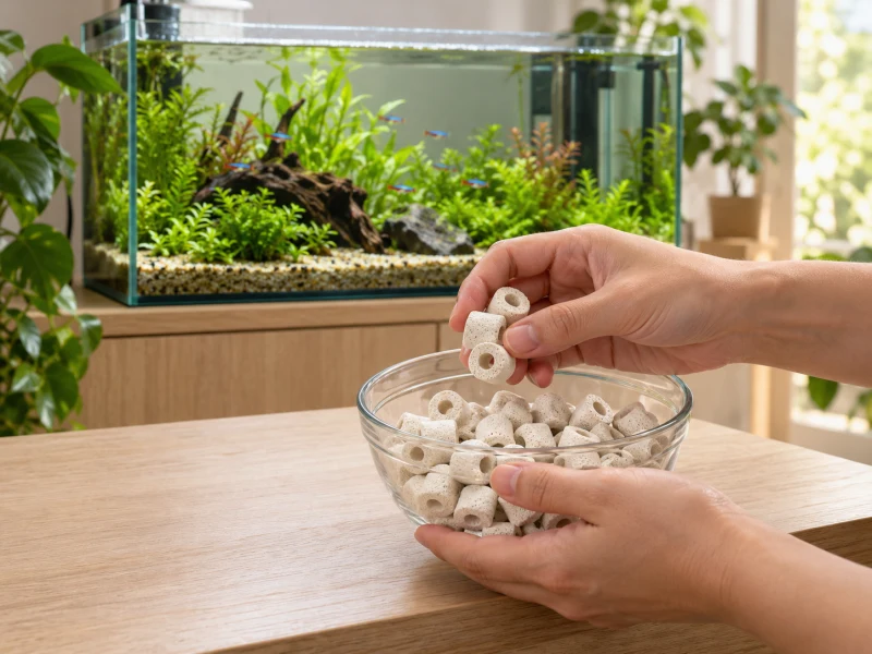 A person considers ceramic filter rings beside an aquarium.