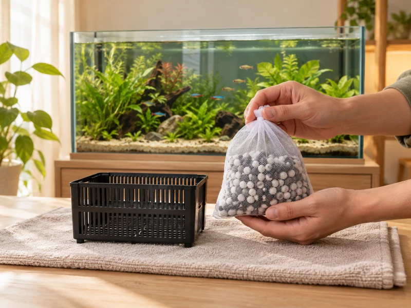 An adult checks a plain media bag against a separate dry filter basket.