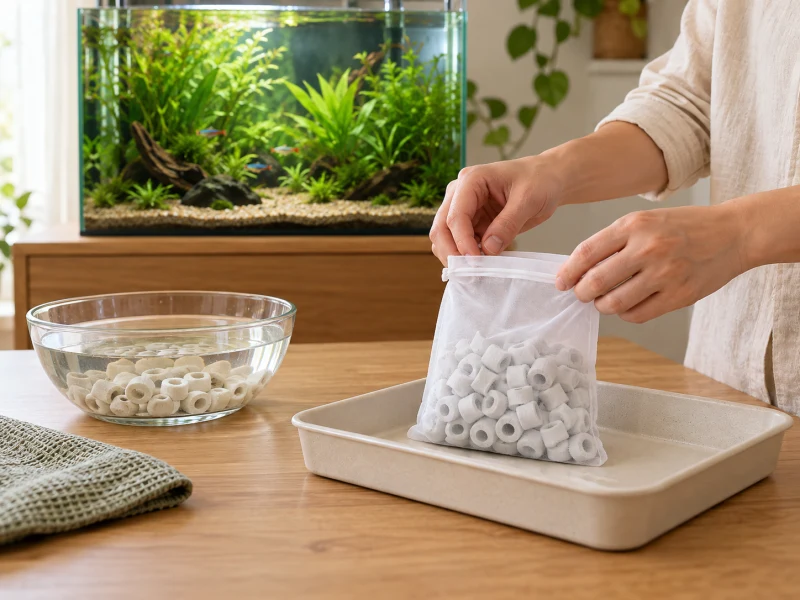 An adult closes a plain bag of ceramic filter rings beside a separate bowl of aquarium water.