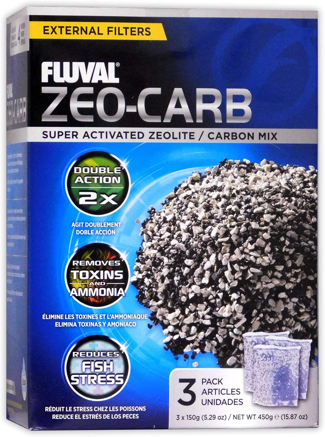 Original retailer photograph of the Fluval Zeo-Carb package marked three 150 g bags, 450 g total.