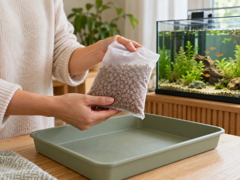 An adult inspects a closed plain mesh bag of aquarium resin.