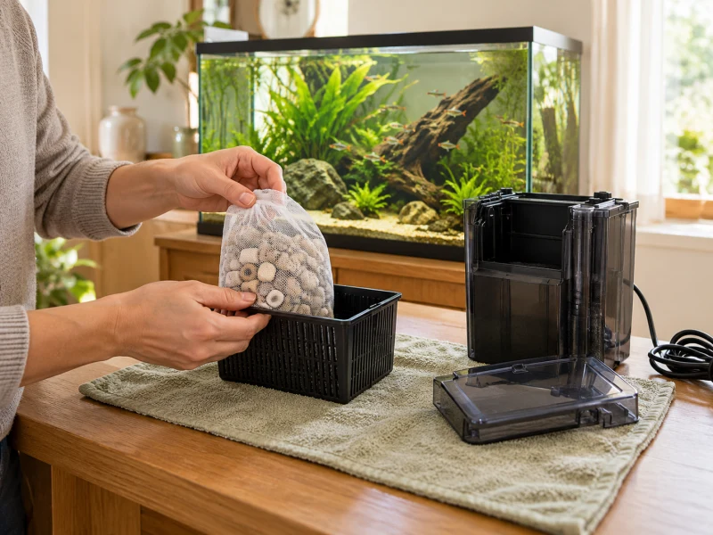 An adult holds a plain bag of ceramic filter rings beside a separate dry filter basket.