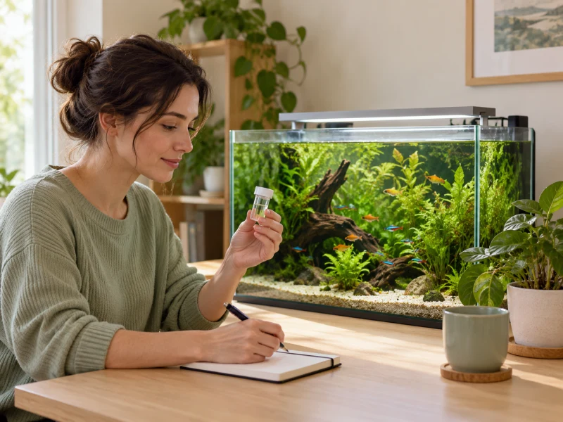 An adult organizes a water sample and a closed notebook.